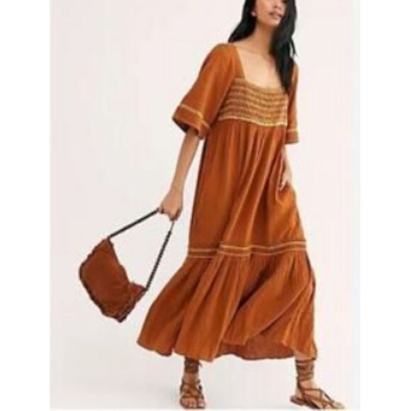 Free People I'm The One Embroidered Maxi Dress Women's Size Large Brown Boho - Picture 2 of 11
